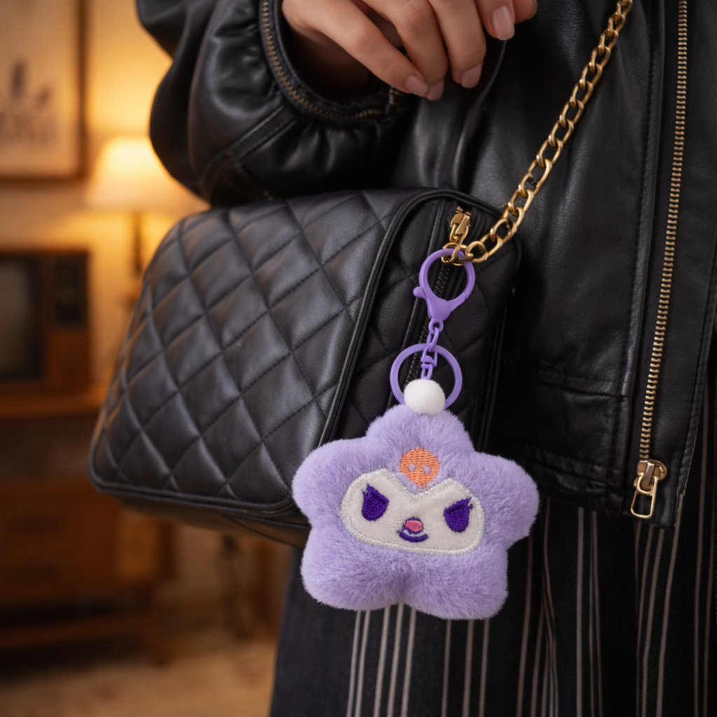 Purple Star Plush Bag Charm with Pom Pom