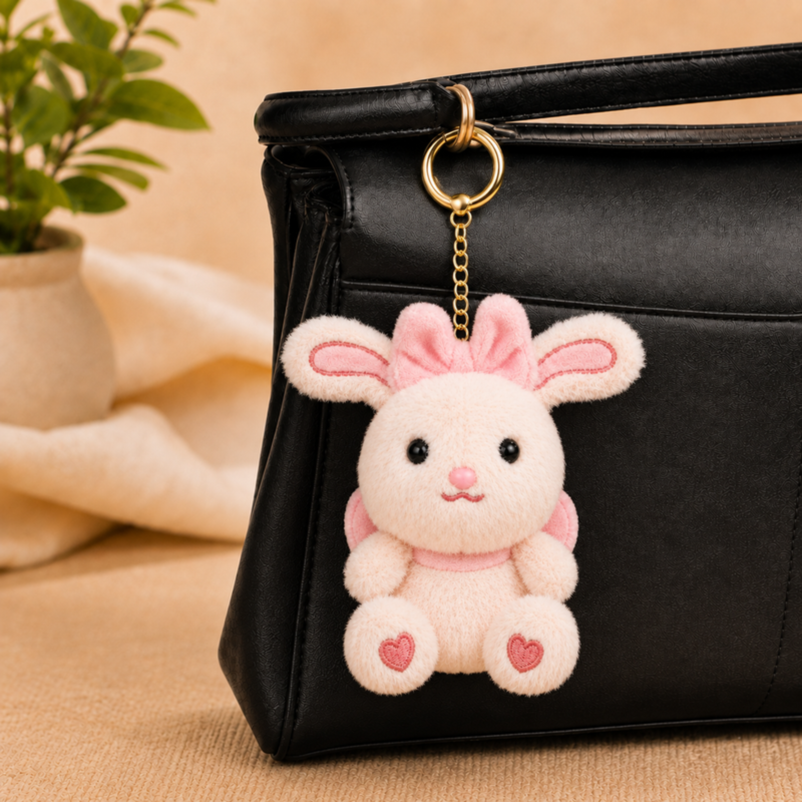 Cream Pink Bunny Plush Bag Charm with Bow & Heart Paws