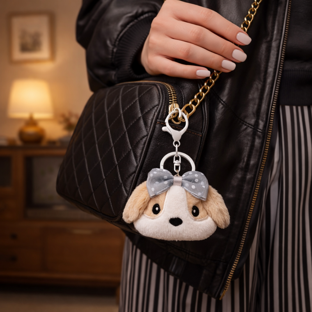 Beige White Puppy Plush Bag Charm with Polka Dot Bow