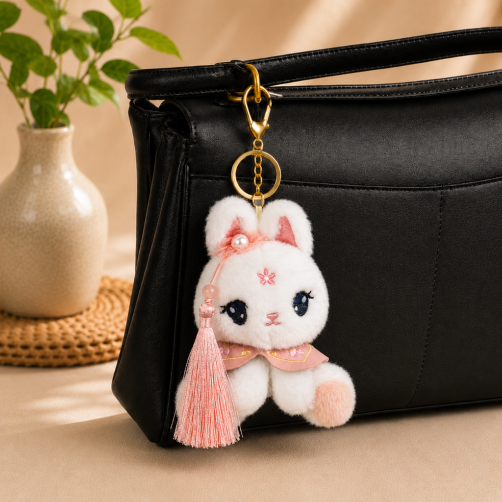 White Bunny Plush Bag Charm with Pink Cape & Pearl Detail