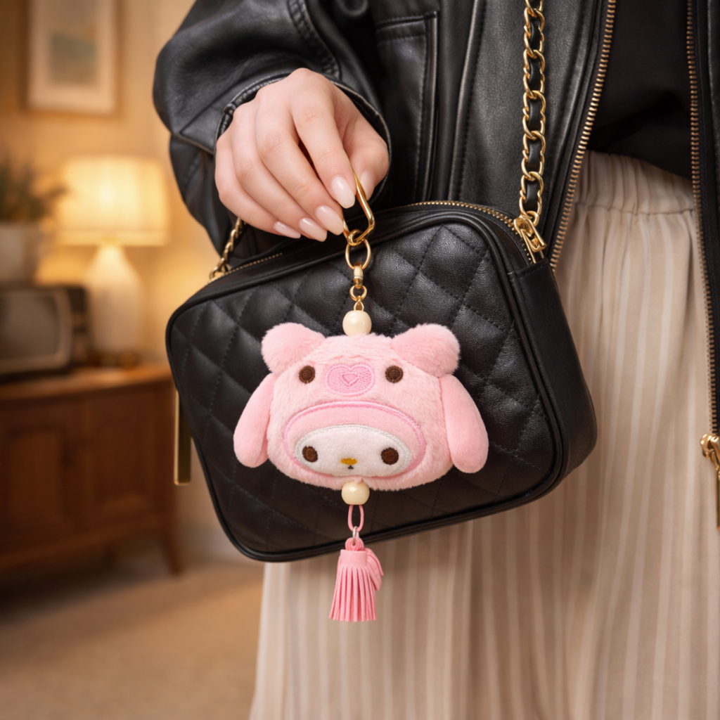 Pink Pig Plush Bag Charm with Strap & Tassels