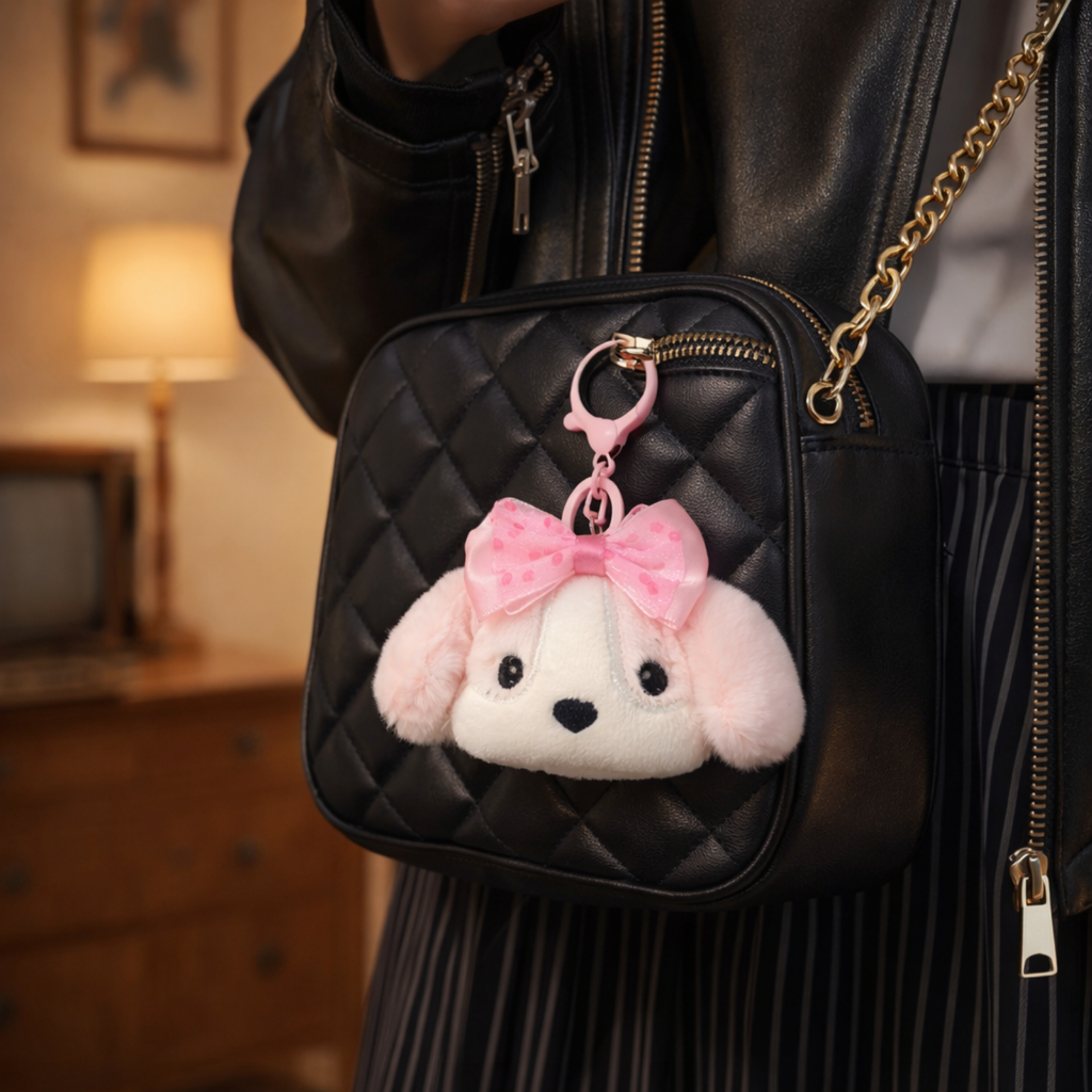 Pink White Puppy Plush Bag Charm with Polka Dot Bow