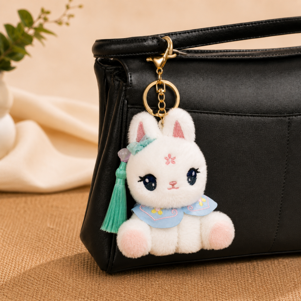 White Bunny Plush Bag Charm with Blue Cape & Tassel