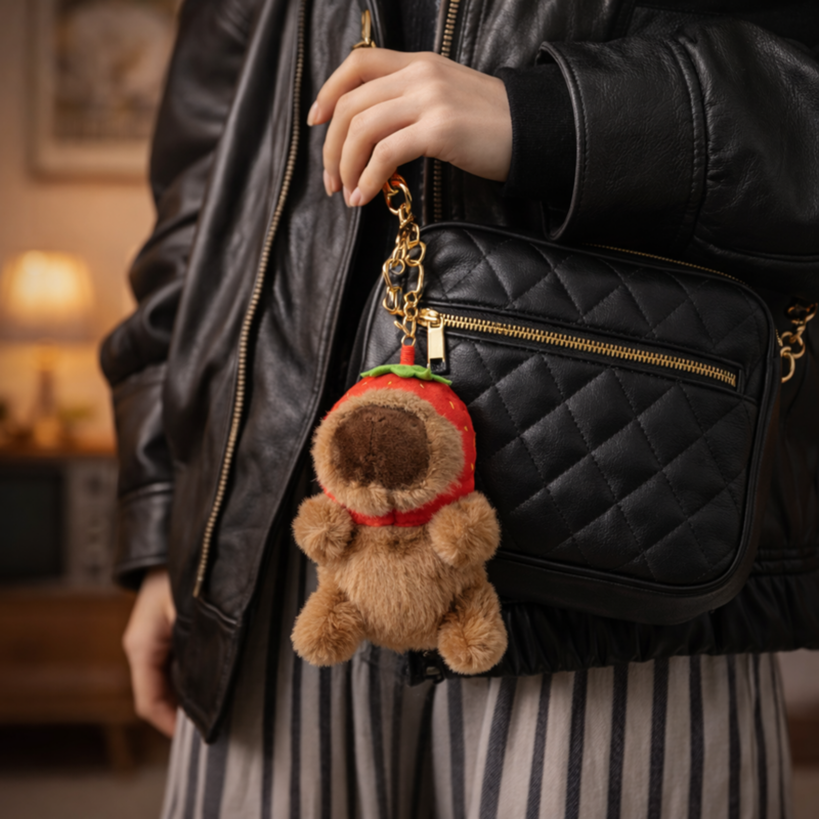 Brown Capybara Plush Bag Charm with Strawberry Hoodie