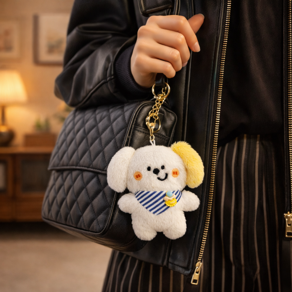 White Dog Plush Bag Charm with Yellow Ear & Bandana