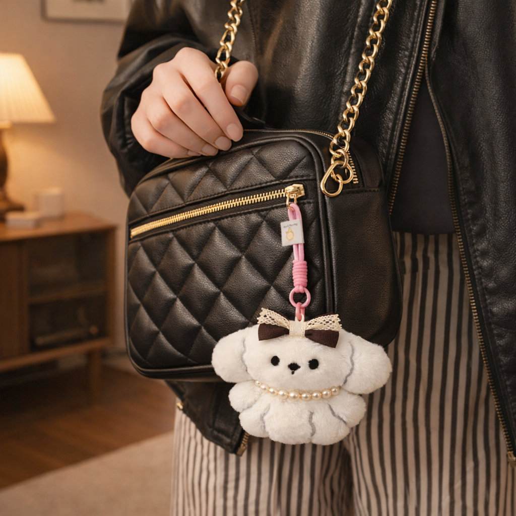 White Puppy Plush Bag Charm with Bow & Necklace Detail