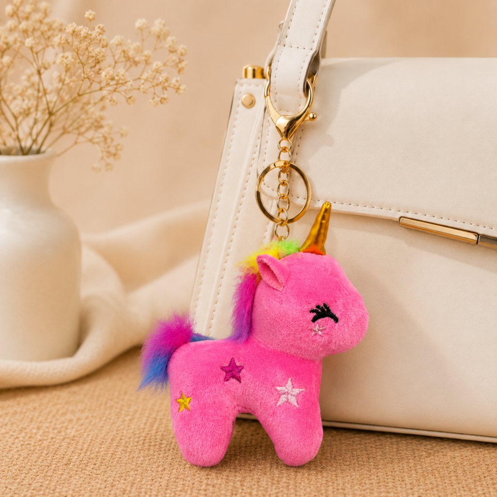Magenta Unicorn Plush Bag Charm with Rainbow Mane & Gold Horn