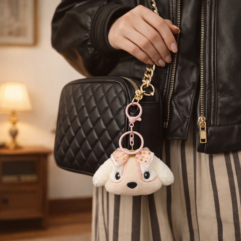 Peach Pink Cream Puppy Plush Bag Charm with Strawberry Bow