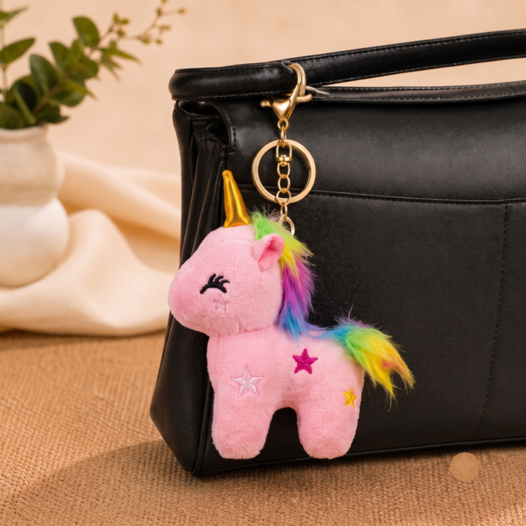 Baby Pink Unicorn Plush Bag Charm with Rainbow Mane & Gold Horn