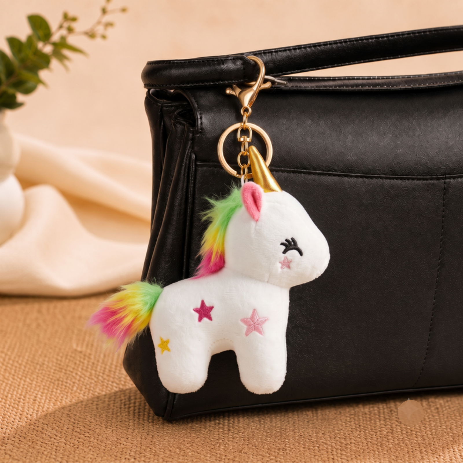 White Unicorn Plush Bag Charm with Rainbow Mane & Gold Horn