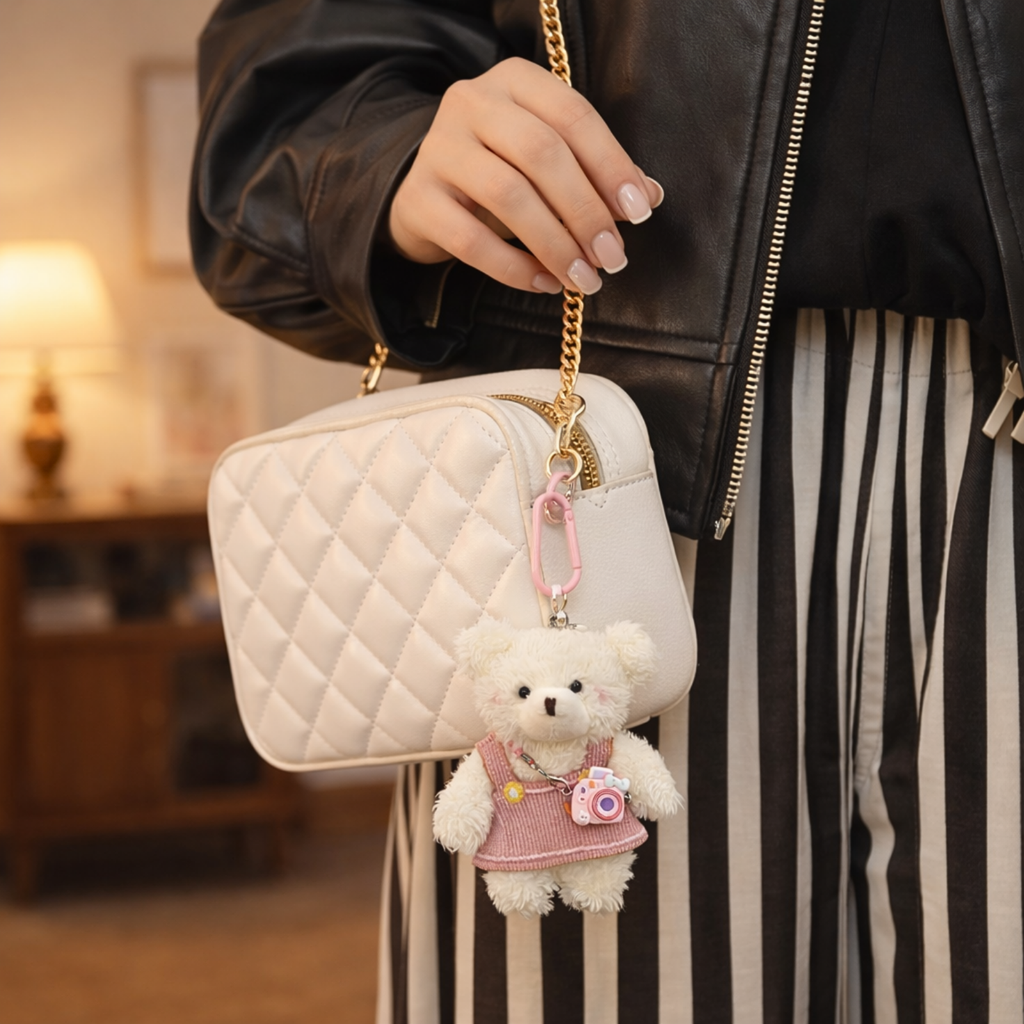 White Teddy Bear Plush Bag Charm with Frock & Mini Camera Charm