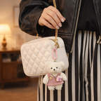 White Teddy Bear Plush Bag Charm with Frock & Mini Camera Charm