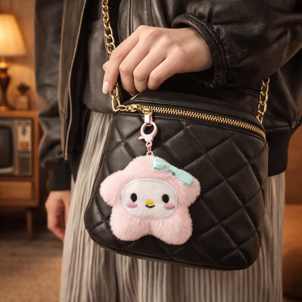 Pink Star Plush Bag Charm with Blue Bow