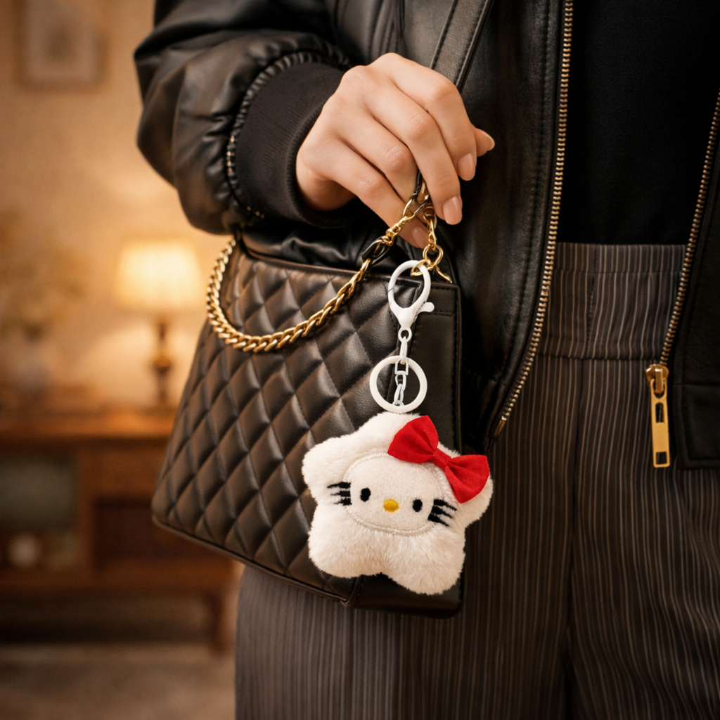 White Cat Plush Bag Charm with Red Bow