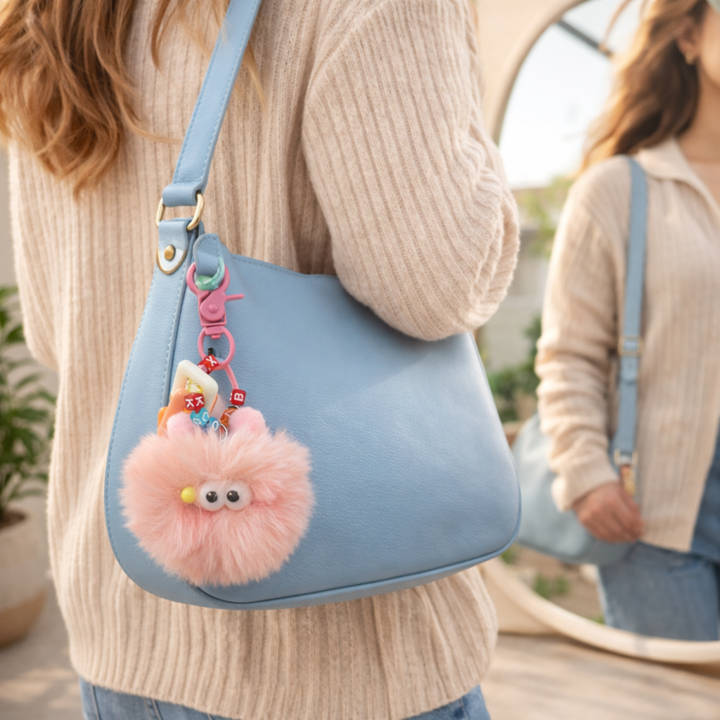 Pink Fluffy Plush Pom Pom Keychain with Googly Eyes