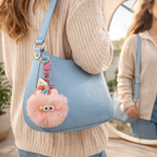 Pink Fluffy Plush Pom Pom Keychain with Googly Eyes