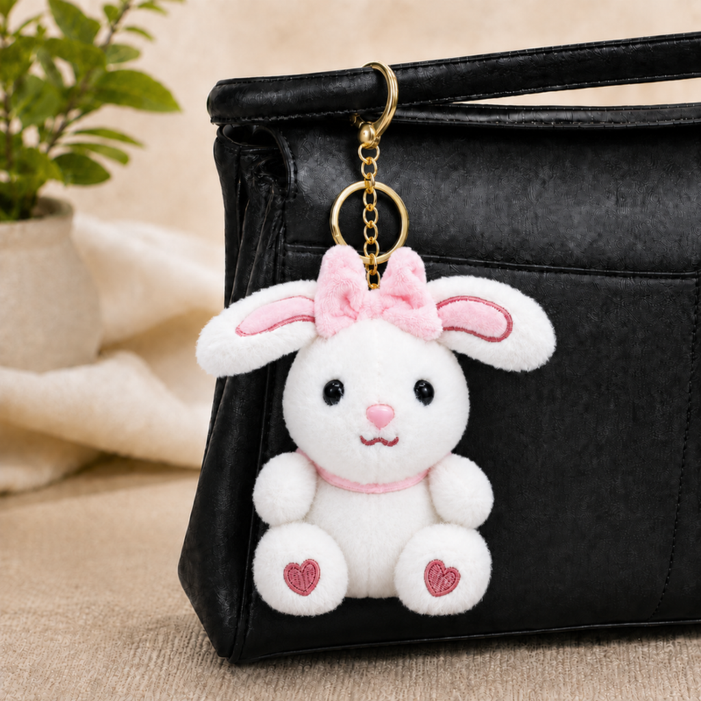 White Bunny Plush Bag Charm with Pink Bow & Heart Paws
