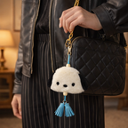 White Puppy Plush Bag Charm with Blue Strap & Tassels
