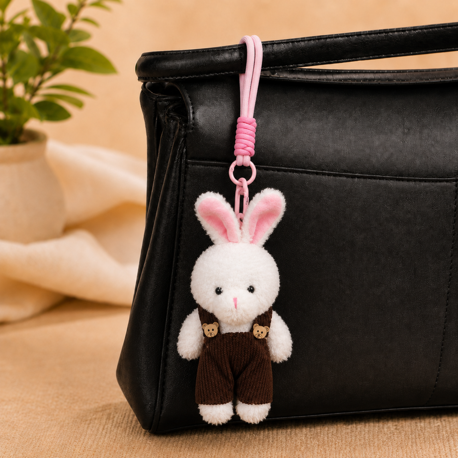 White Bunny Plush Keychain with Brown Overalls