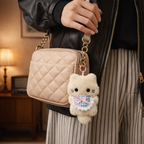 White Cat Plush Bag Charm with Blue Gingham Bib & Pink Bow