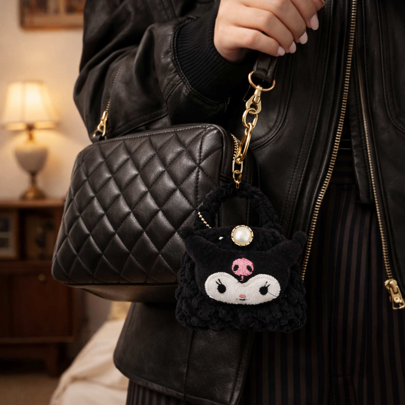 Black Cat Plush Pouch Bag Charm with Crochet Handle