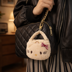 Beige Cat Plush Pouch Bag Charm with Crochet Handle