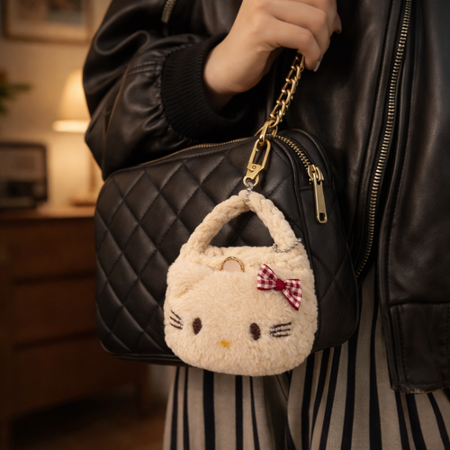 Beige Cat Plush Pouch Bag Charm with Crochet Handle