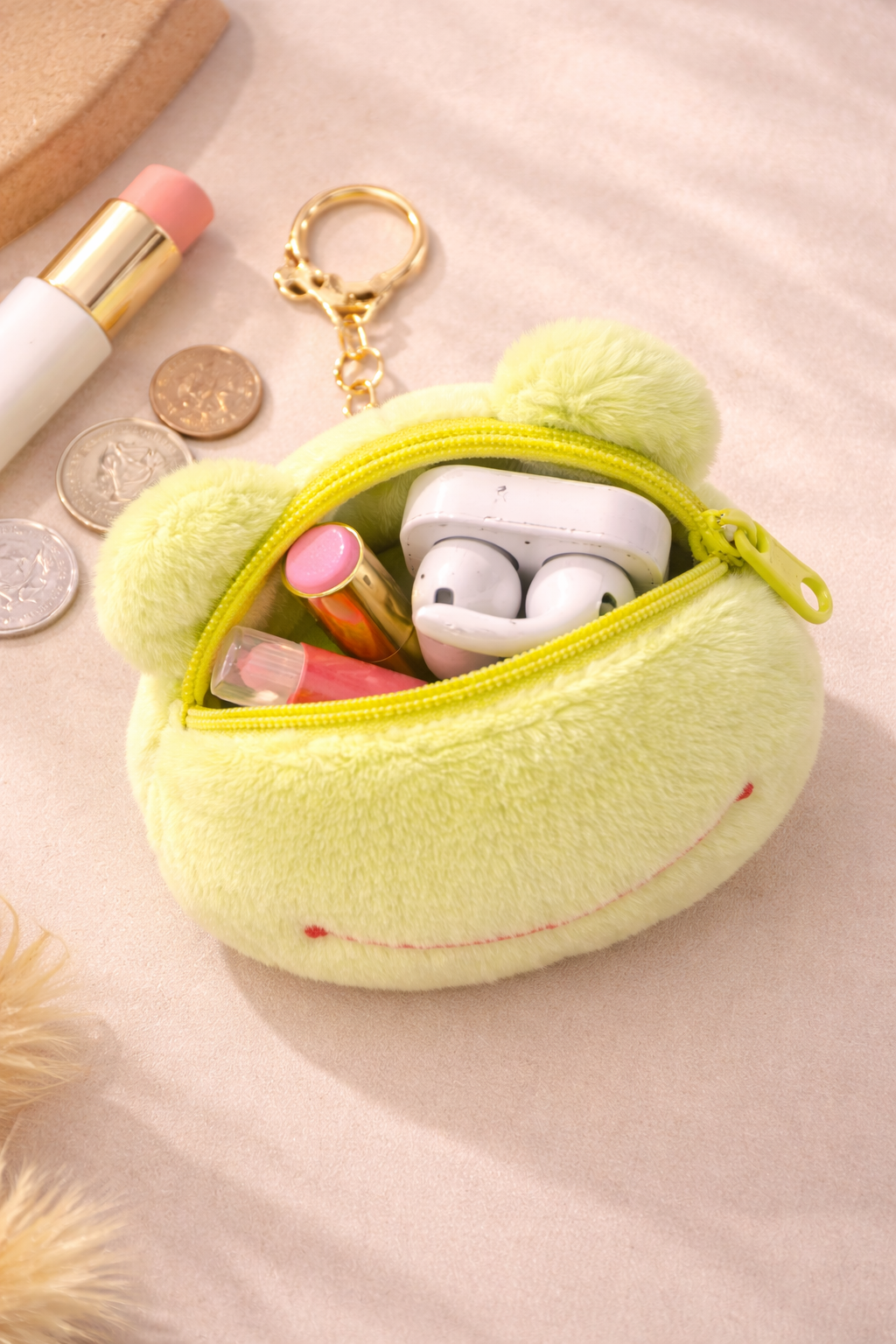 Green Frog Plush Bag Charm with Zipper Pouch