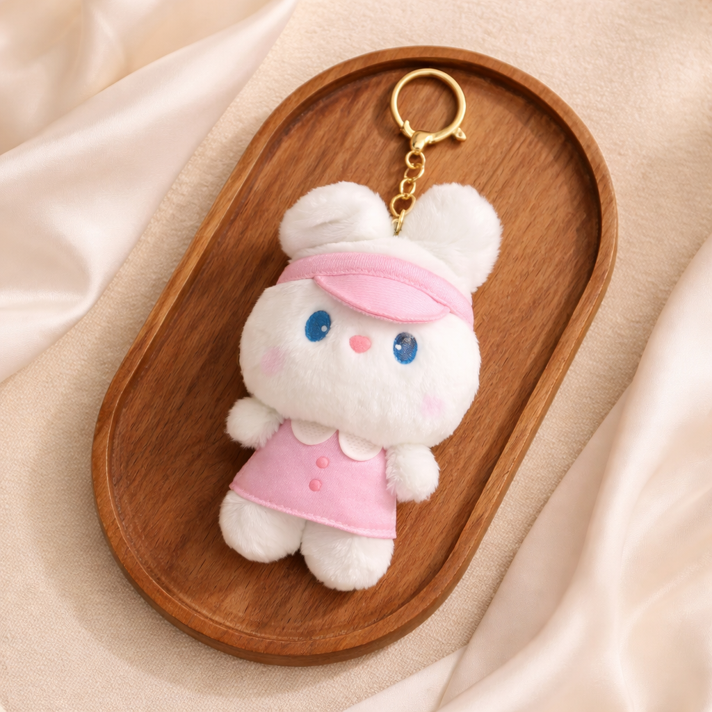 White Bunny Plush Bag Charm with Pink Dress & Headband