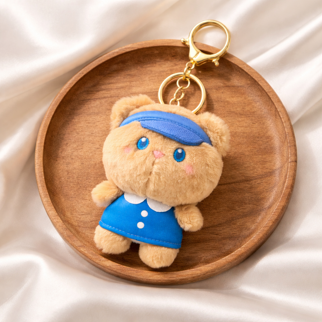 Brown Teddy Plush Bag Charm with Blue Dress & Headband