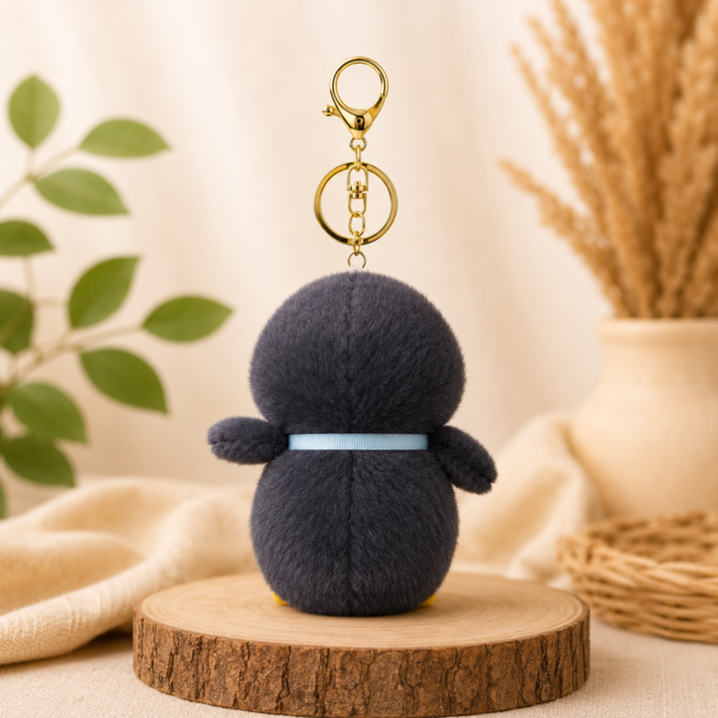 Black Penguin Plush Bag Charm with Blue Fish Pouch