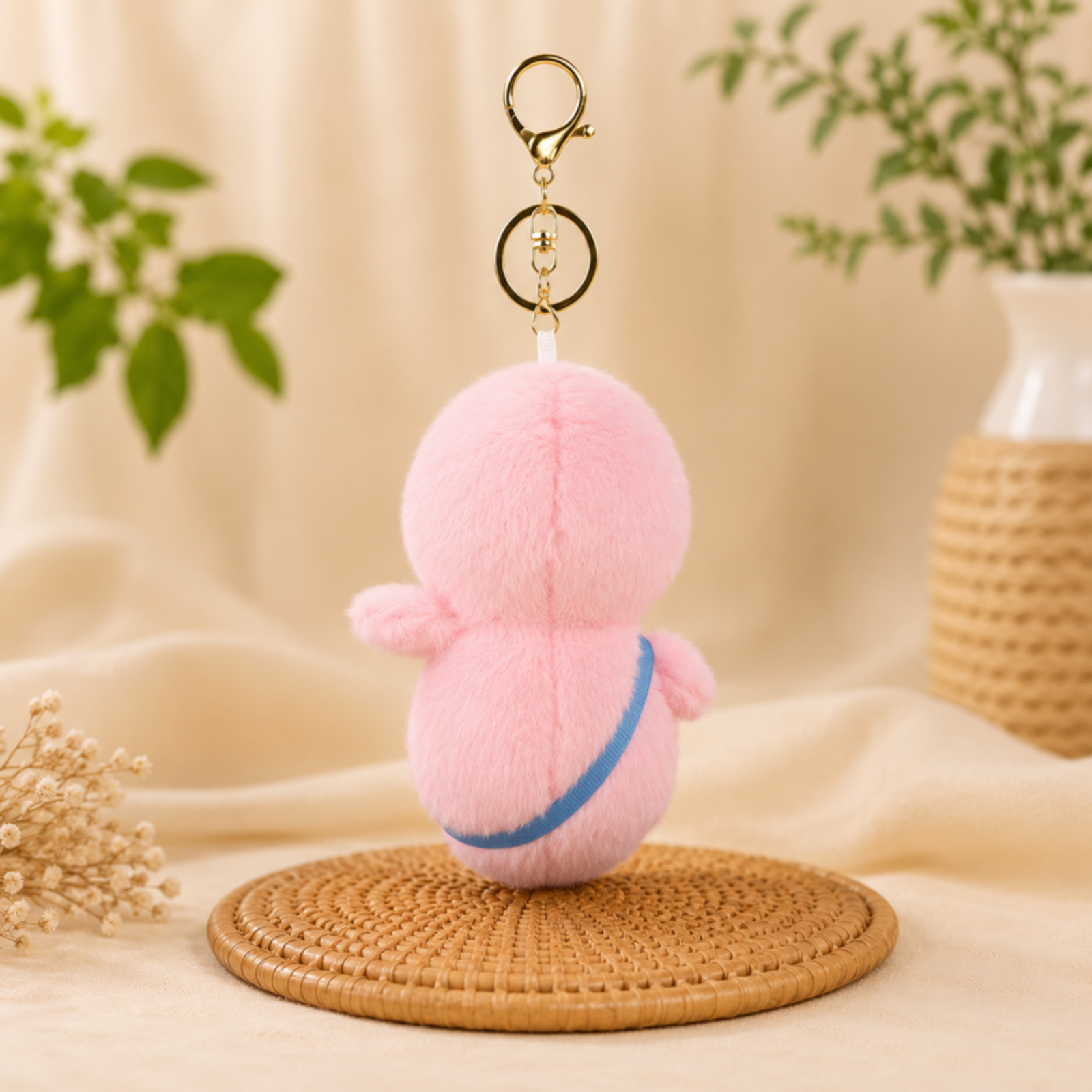 Pink Penguin Plush Bag Charm with Blue Fish Pouch