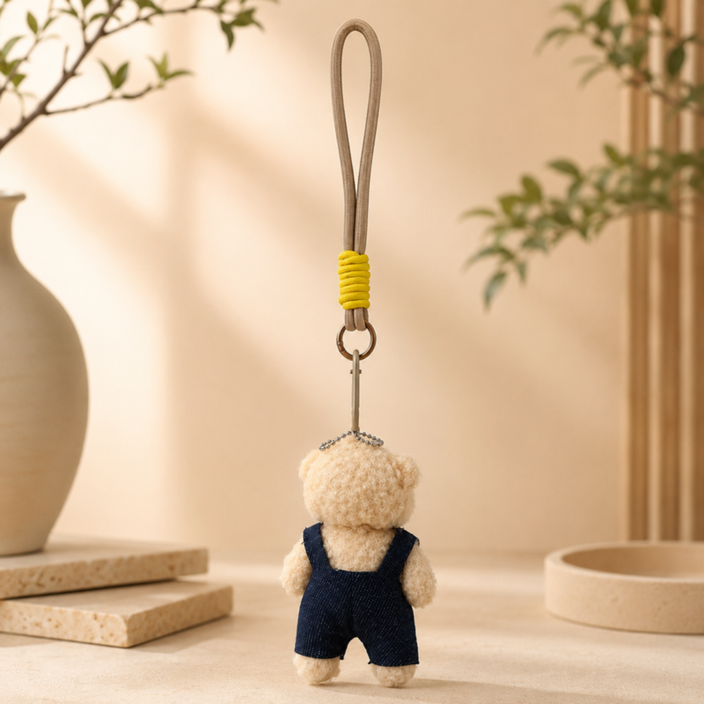 Beige Teddy Plush Keychain with Blue Overalls