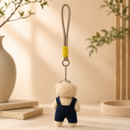 Beige Teddy Plush Keychain with Blue Overalls