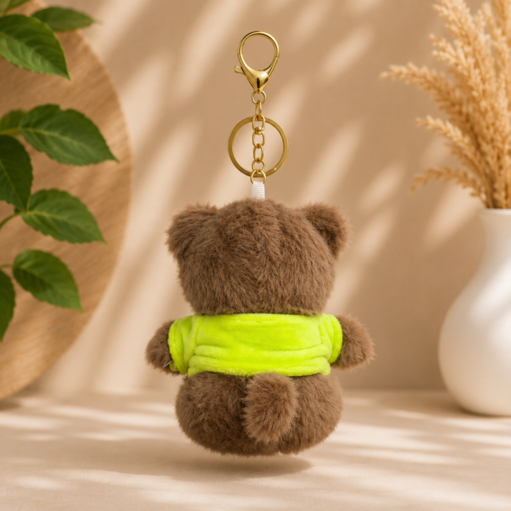 Brown Teddy Bear Plush Bag Charm with Neon Green T-Shirt