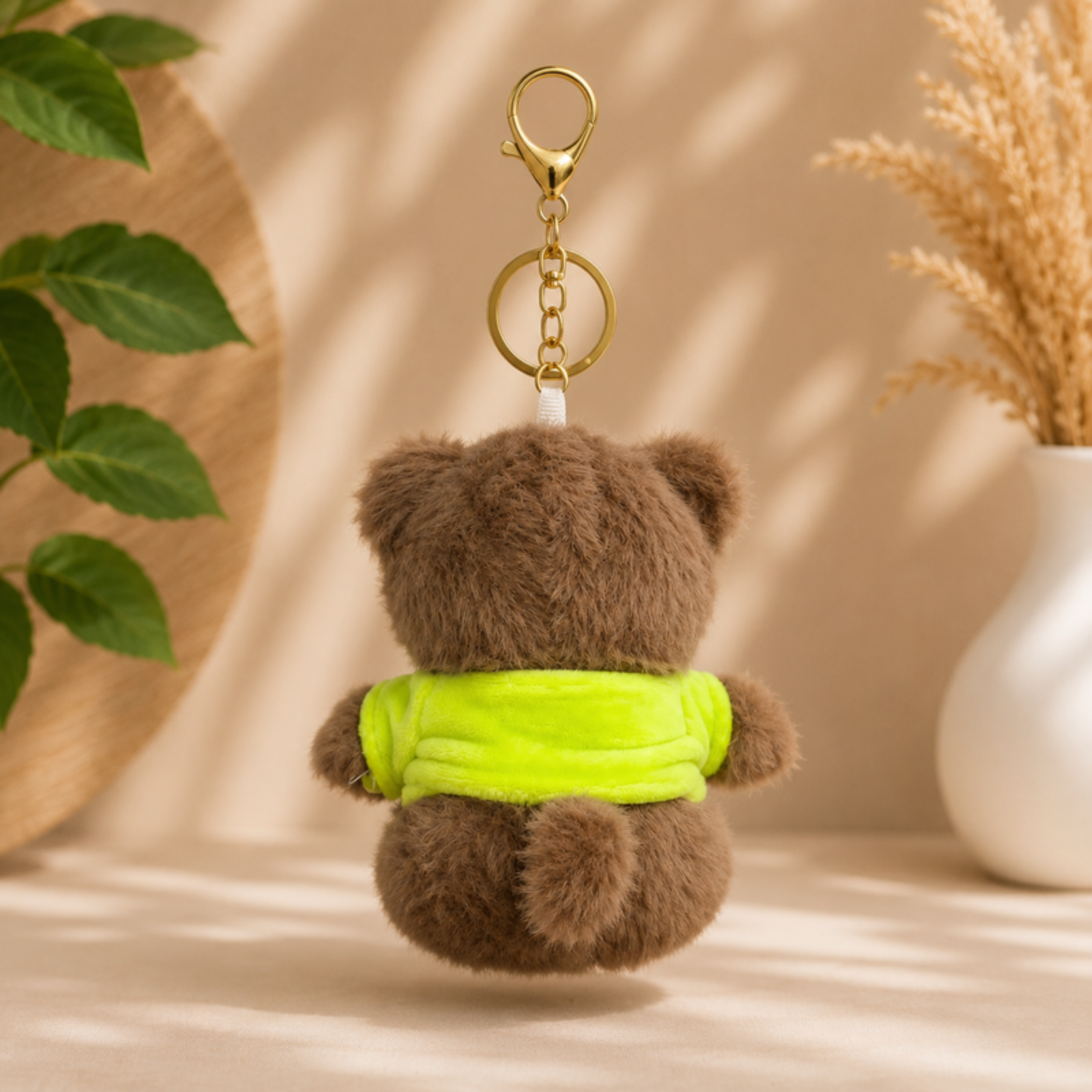 Brown Teddy Bear Plush Bag Charm with Neon Green T-Shirt