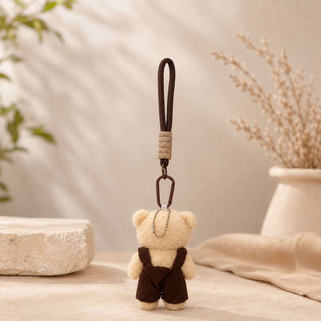 Beige Teddy Plush Keychain with Brown Overalls