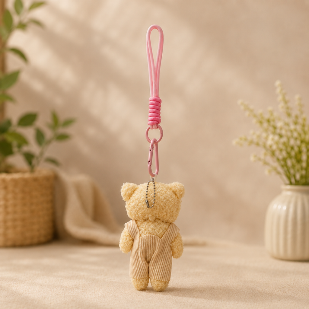 Beige Teddy Plush Keychain with Skin Overalls