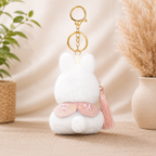 White Bunny Plush Bag Charm with Pink Cape & Pearl Detail