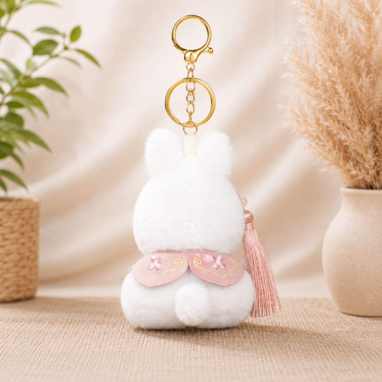 White Bunny Plush Bag Charm with Pink Cape & Pearl Detail