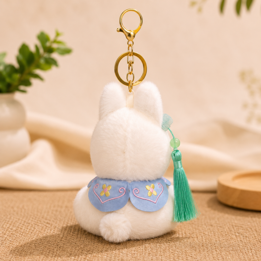 White Bunny Plush Bag Charm with Blue Cape & Tassel