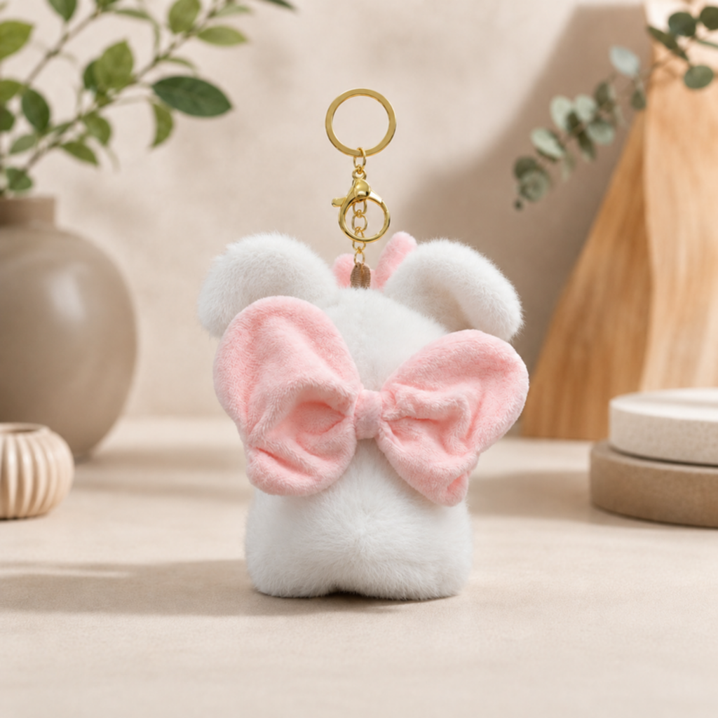 White Bunny Plush Bag Charm with Pink Bow & Heart Paws