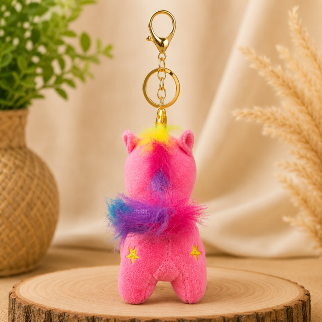 Magenta Unicorn Plush Bag Charm with Rainbow Mane & Gold Horn