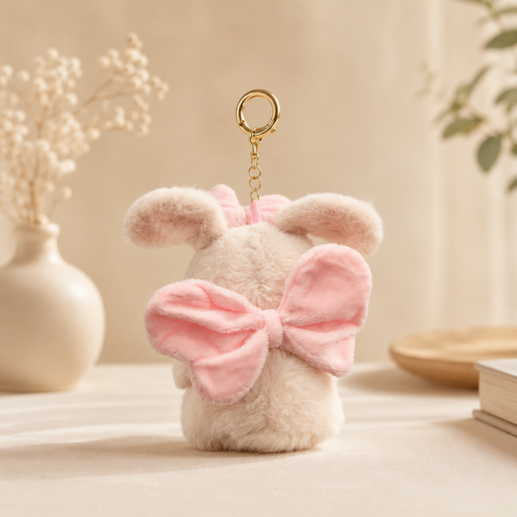 Cream Pink Bunny Plush Bag Charm with Bow & Heart Paws
