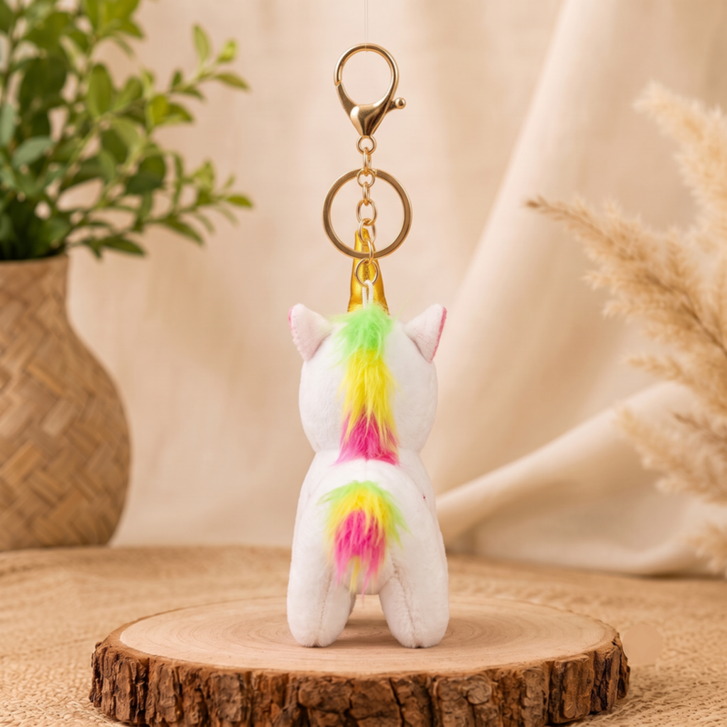 White Unicorn Plush Bag Charm with Rainbow Mane & Gold Horn