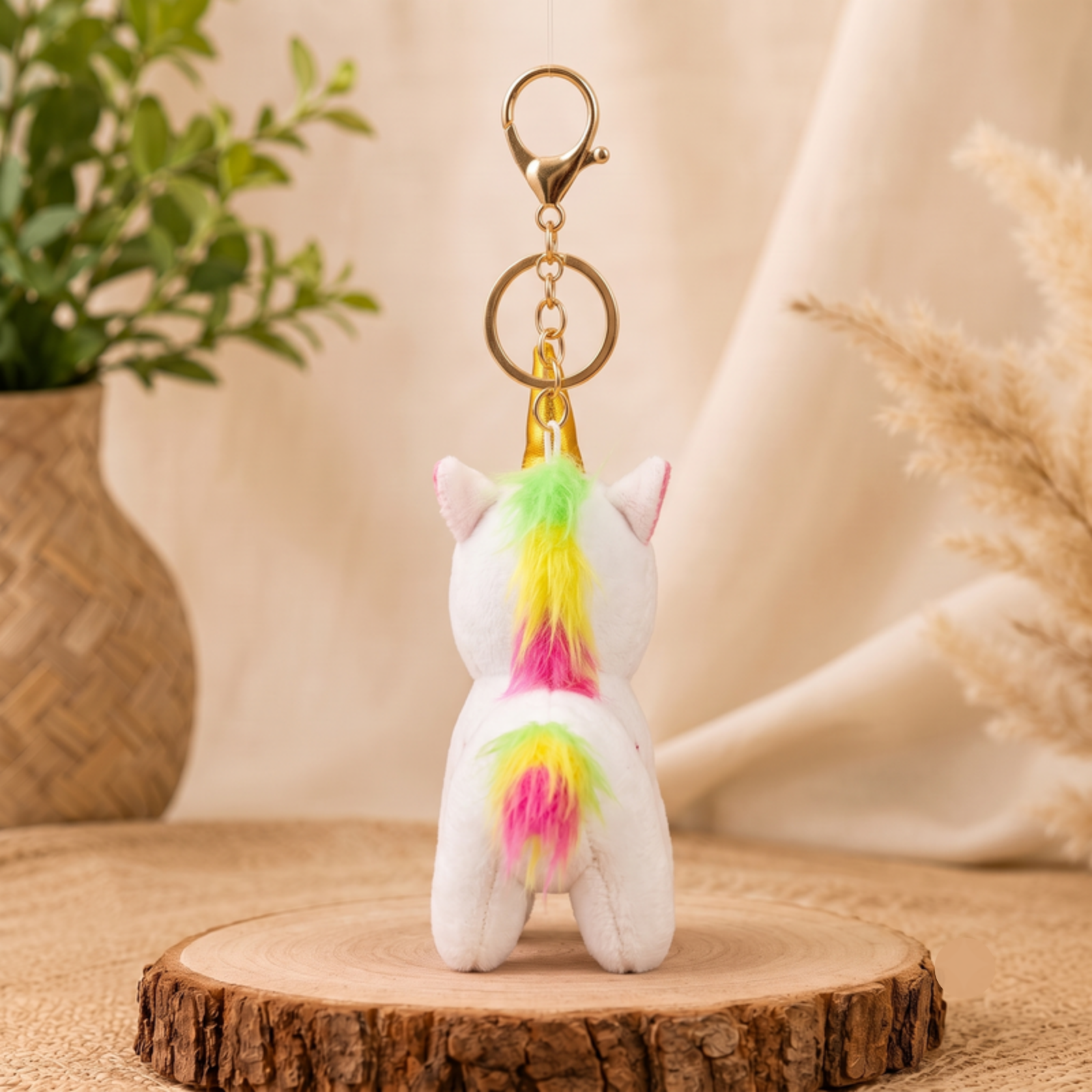 White Unicorn Plush Bag Charm with Rainbow Mane & Gold Horn