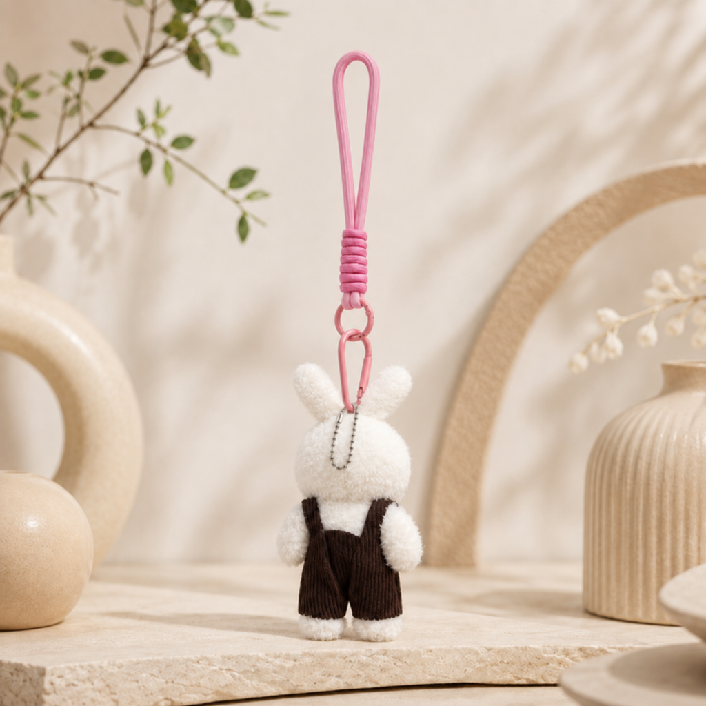 White Bunny Plush Keychain with Brown Overalls