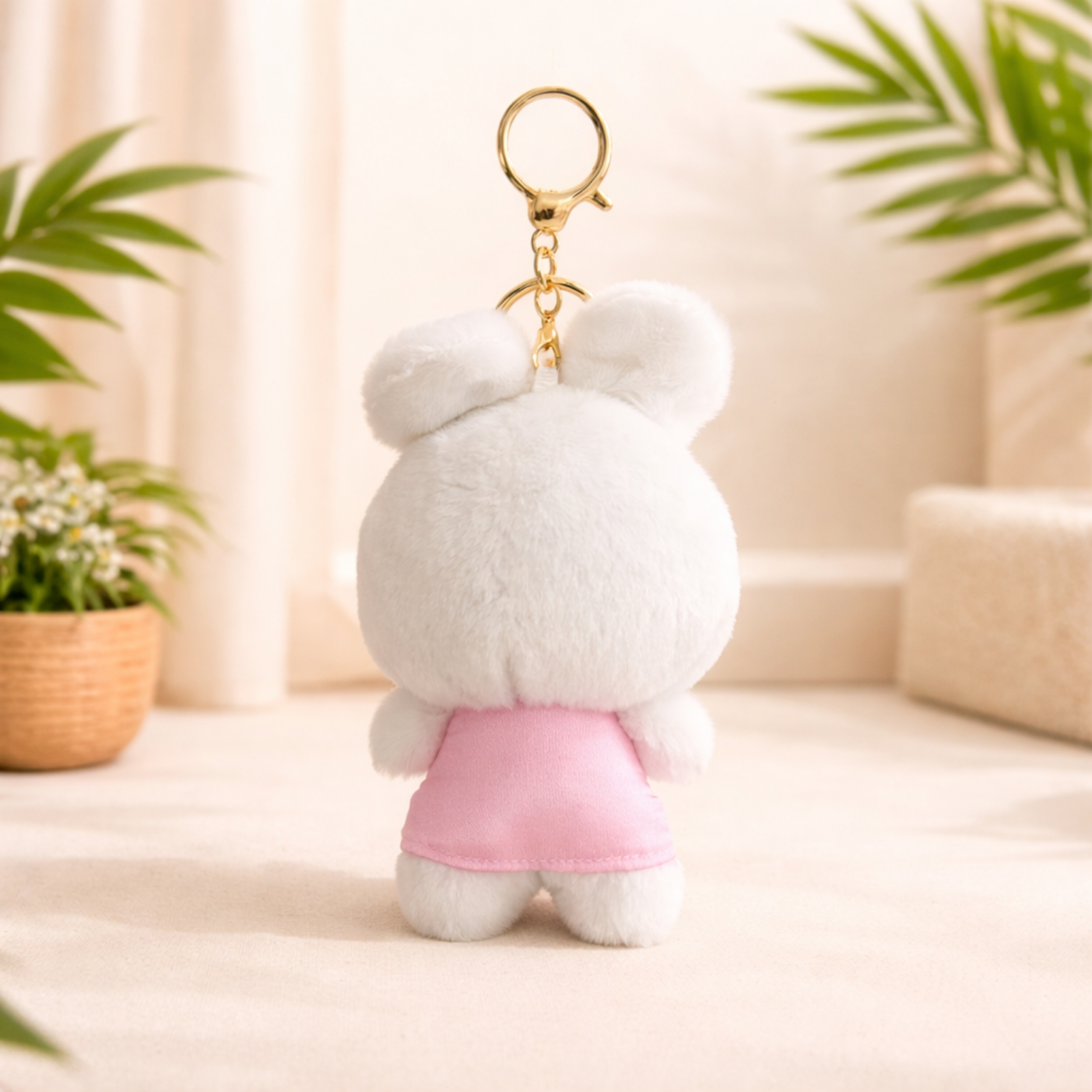 White Bunny Plush Bag Charm with Pink Dress & Headband