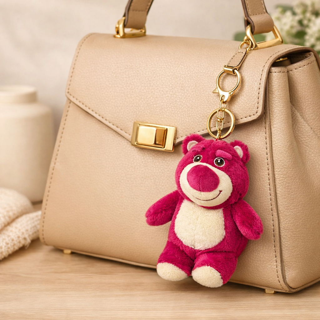 Pink Bear Plush Bag Charm with White Belly