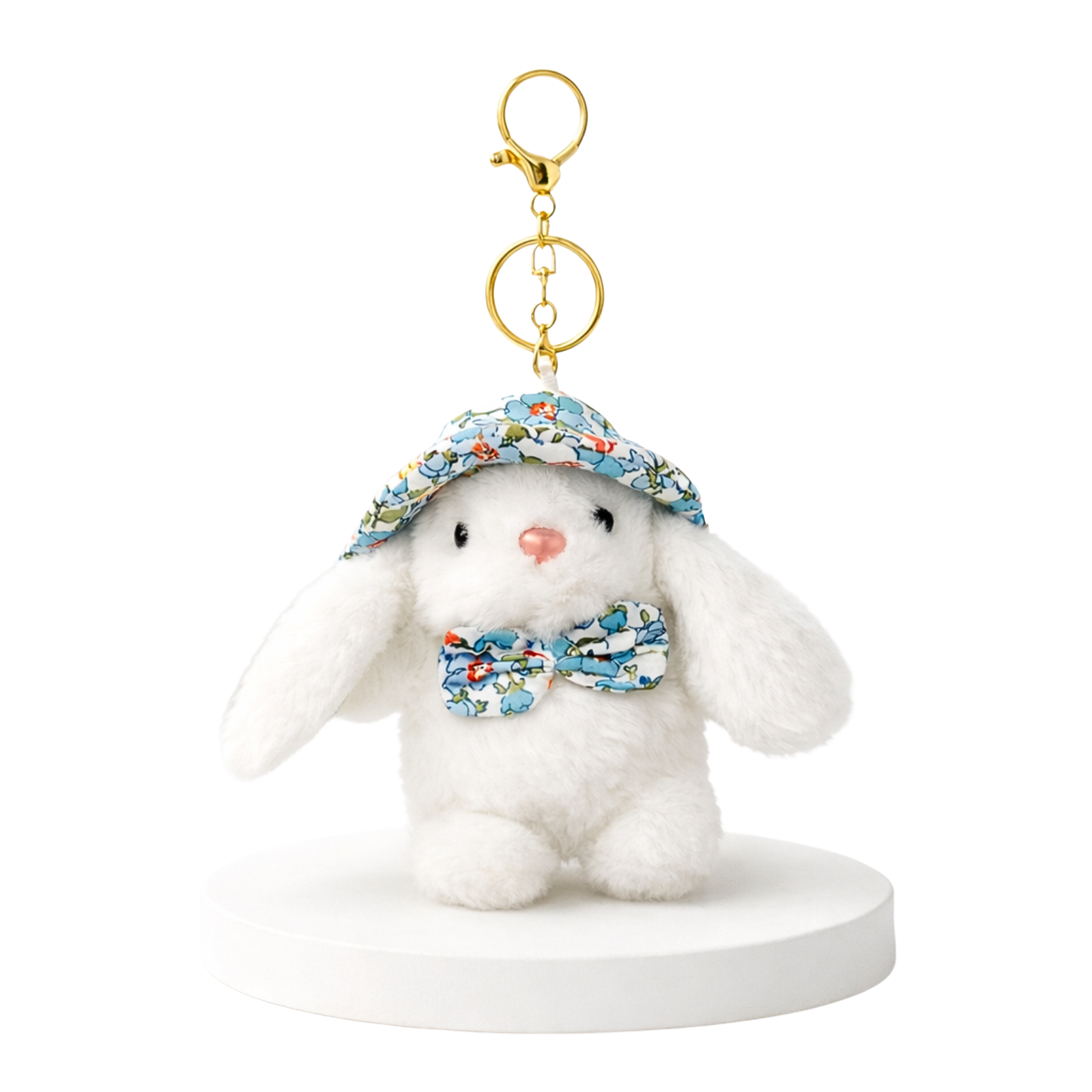 Soft Plush Bunny Keychain with Floral Printed Hat and Bow